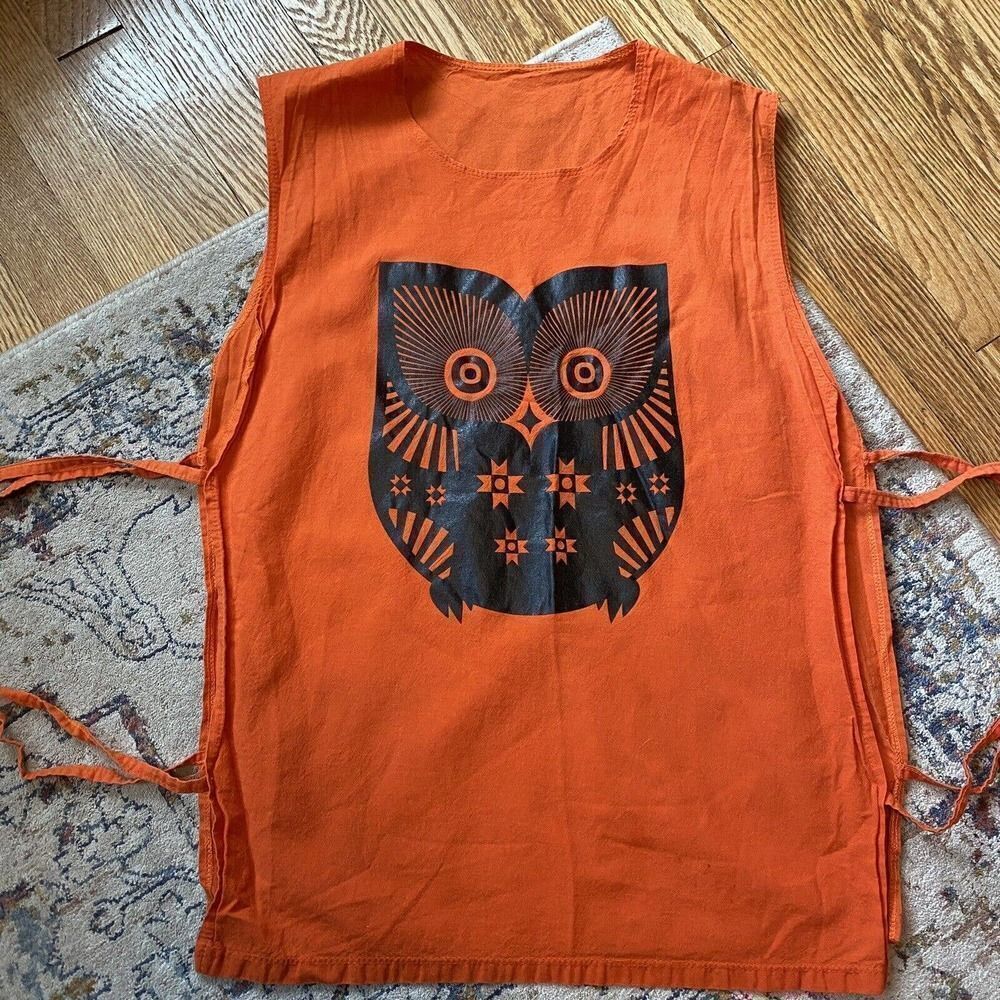 Vintage 70’s 80’s Apron Smock Side Tye Owl Graphic Bright orange